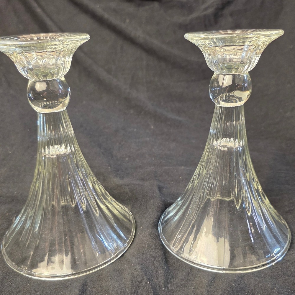 Vintage Clear Ribbed Glass Taper Candle Holders Set of 2 Trumpet Base 6 Inch